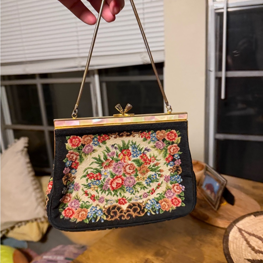 Vintage Floral Needlepoint Embroidered Black Handbag